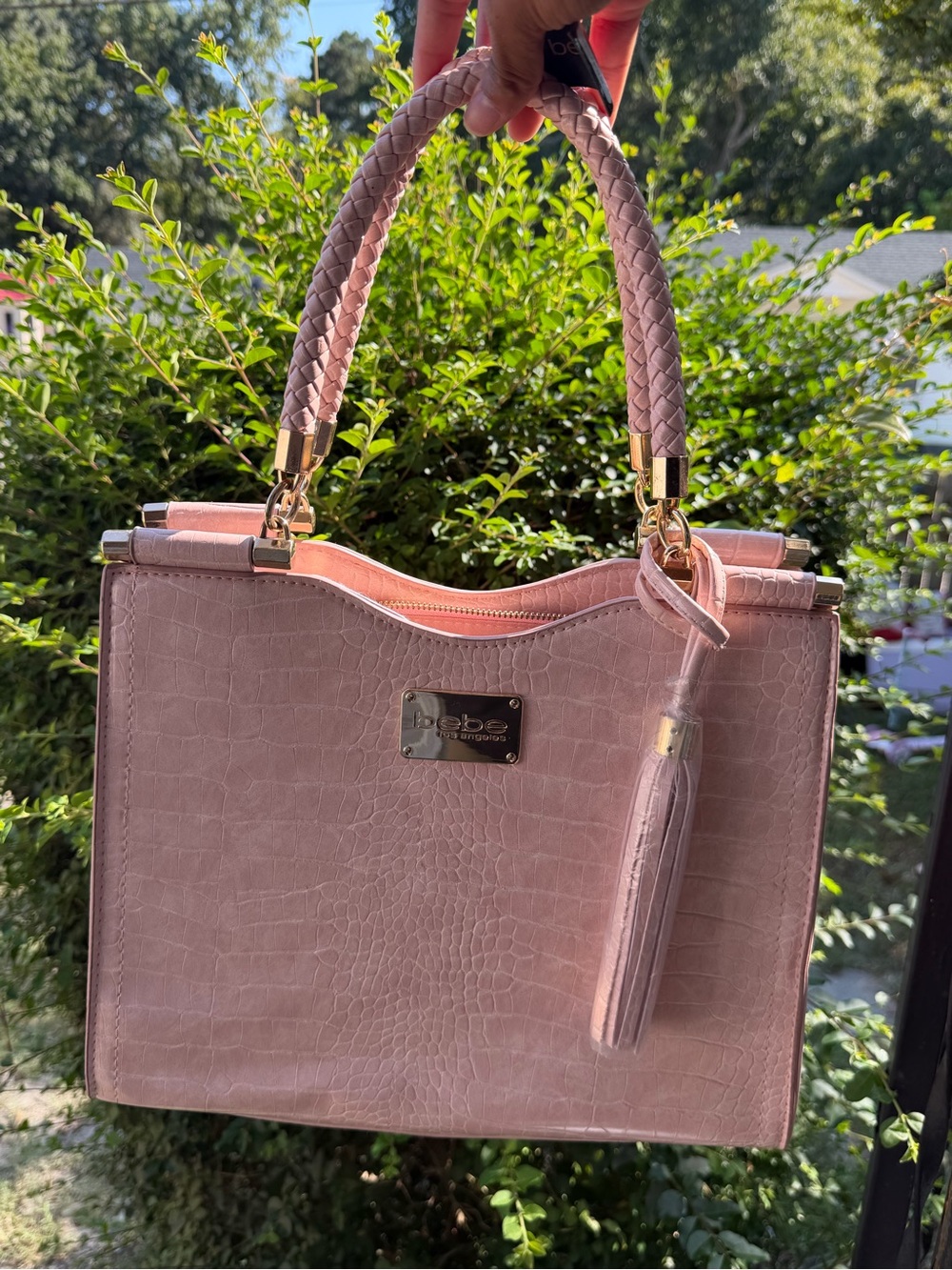 bebe Blush Pink Croc-Embossed Top-Handle Satchel with Tassel